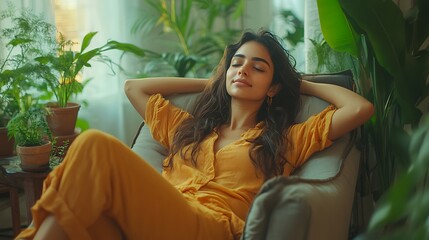 Obraz premium Relaxing woman in cozy room surrounded by green plants lifestyle