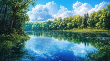 Fototapeta premium Tranquil Lake Serenity: A Summer's Day in the Forest