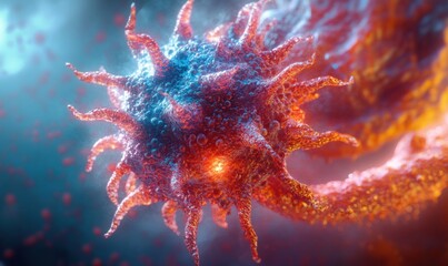 Detailed 3D Rendering of Epstein-Barr Virus Infecting B Lymphocyte with Vibrant Colors and Textures in Hyper-Realistic Style