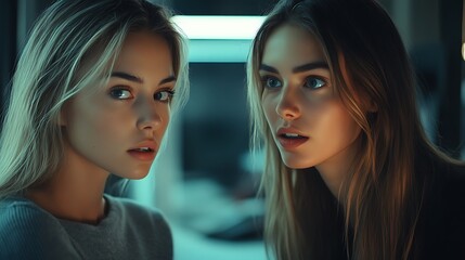 Intriguing encounter between two young women indoor setting portrait
