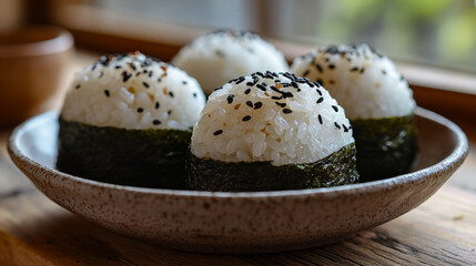 Four rice balls wrapped in seaweed with sesame seeds on a ceramic plate