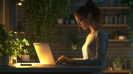 Woman working on laptop at home cozy environment night scene