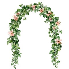 Fototapeta premium Watercolor illustration of a floral archway design featuring delicate pink flowers and lush green leaves, perfect for wedding invitations or decorative elements.