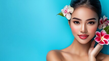 Fototapeta premium Captivating Portrait of a Young Woman with Vibrant Flowers in Hair Against a Bright Blue Background, Exuding Grace and Natural Beauty in a Fashionable Atmosphere