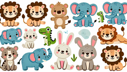 Obraz premium Cute pre-school animal sticker sets, Fish, Birds, Lizards, geckos, bears, wolves, dogs, cats, elephants, farm animals vector illustration for kids