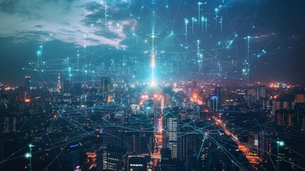 Fototapeta premium A lightning rod rising above a bustling city signaling the rise of blockchain and its ability to transform and shape the world we live in.