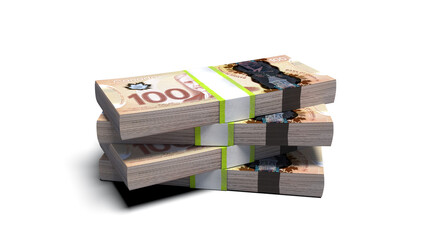 Pile of one hundred dollar canadian banknote 3d rendering, transparent image alpha ready