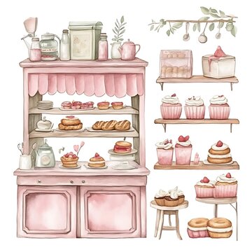 Watercolor illustration of a pink bakery stand with various pastries, cupcakes, and tea-making supplies.