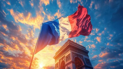 French Flag Waving in the Wind with Arc de Triomphe on National Day Celebration Illustration