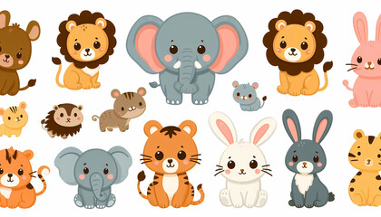 Fototapeta premium Cute pre-school animal sticker sets, Fish, Birds, Lizards, geckos, bears, wolves, dogs, cats, elephants, farm animals vector illustration for kids