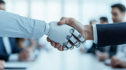 A humanoid robot shaking hands with a business executive at a conference table.