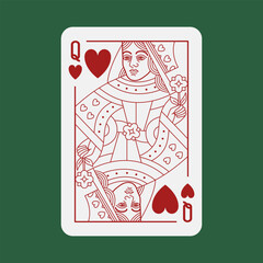 Queen of Hearts Poker playing card. Cartoon female figure and face. Casino gambling design element. Vector illustration with editable stroke line.