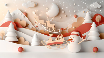 festive paper cut scene featuring snowman, reindeer, and sleigh in winter landscape