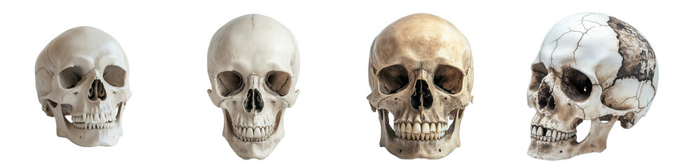 Obraz premium set of Human skull in a minimalist studio setup, png file, AI graphic design, skull design and studio photography influenced AI graphic, PNG format, on a transparent backgrounds