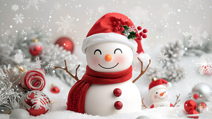 Fototapeta premium cheerful snowman wearing red hat and scarf stands amidst festive decorations