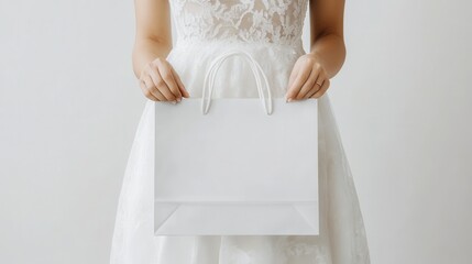 Elegant Bride Holding a Blank White Shopping Bag,  Perfect for Wedding Gift Mockup or Bridal Shower Advertisement