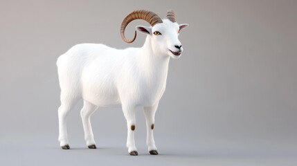 Fototapeta premium A 3D-rendered white goat with curved horns, smiling slightly.