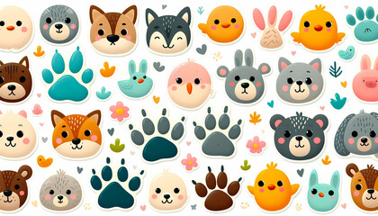 Obraz premium Cute pre-school animal sticker sets, Fish, Birds, Lizards, geckos, bears, wolves, dogs, cats, elephants, farm animals vector illustration for kids