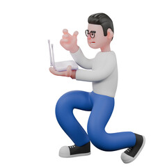 Video Editor in Cartoon Style 3D Model Illustration. A male video editor squats holding a wifi in his left hand, and his right hand looks like he wants to fix it . Design Character