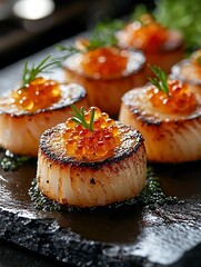 Close-up of Pan-Seared Scallops Topped with Red Caviar and Fresh Herbs.