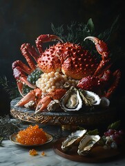 Luxurious Seafood Platter with King Crab, Oysters, and Caviar.