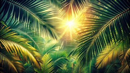 Obraz premium Abstract tropical vintage background with sunlight filtering through palm leaves, tropical, vintage, abstract, background