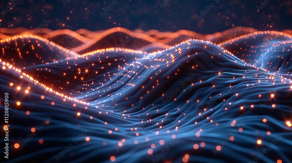 Poster abstract digital wave with glowing particles - generative ai.