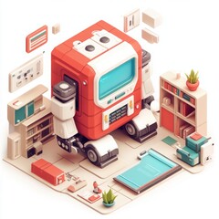 Obraz premium Whimsical Retro Robot in a Cozy Room Filled with Bookshelves, Plants, Art Supplies, and Modern Furniture, Creating a Unique Atmosphere of Creativity and Imagination