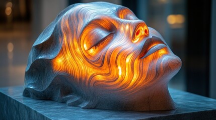 Contemporary Sculpture of Human Face with Geometric Patterns and Abstract Elements in Soft Ambient Lighting