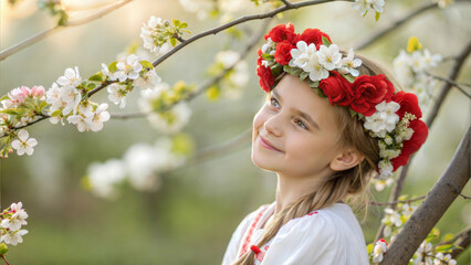 Young girl with floral crown celebrating Martisor. Celebration of spring. 