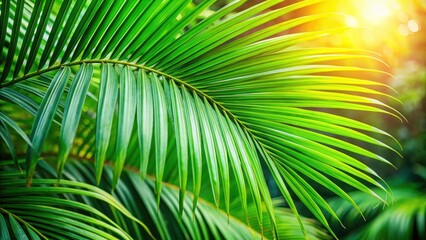 Close-Up View of a Lush Green Palm Leaf in a Tropical Garden, palm leaf, close-up, lush, green, tropical, garden, nature, vibrant
