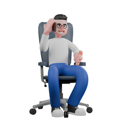 Cartoon Cameraman Design Style Creative Artwork 3D.  A Male Cameraman sits on a chair with one hand holding a cellphone next to his ear . Illustration