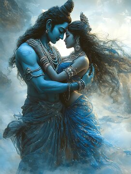 A Digital Painting of Shiva and Parvati Embracing in a Celestial Setting.