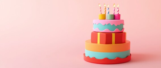 Colorful birthday cake with candles for celebration.
