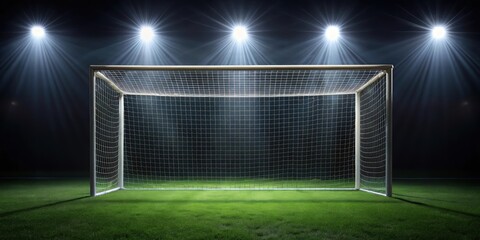 Fototapeta premium Soccer goal illuminated by lights on a dark night , sports, field, game, competition, scoring, goalpost
