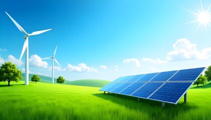 A renewable energy-themed background showcasing green energy solutions, featuring sleek wind turbines and modern solar panels set against a vibrant