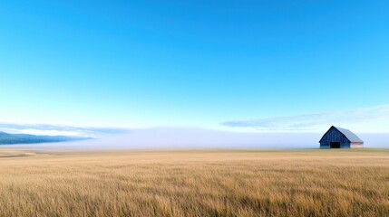 Obraz premium Serene landscape with a barn and misty horizon under a blue sky.
