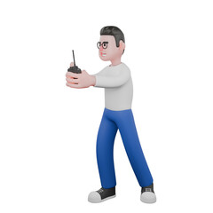 Creative 3D Cartoon Cameraman Artwork in Design Style. A Male Cameraman stands with both hands holding a camera, expression focused forward. Illustration
