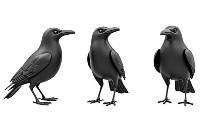 Three Stylish Black Crow Illustrations on Transparent Background for Creative Design and Overlays
