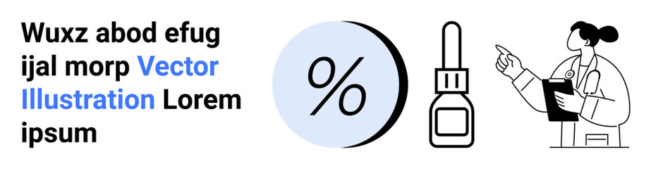 Medical professional pointing at data, holding a clipboard. Percentage symbol and pharmaceutical bottle. Ideal for healthcare, medicine, pharmaceuticals, data analysis, reports, medical blogs