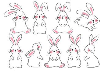 Bunny easter outline clipart set. Rabbit line drawing clip art flat collection in sitting, hopping and standing pose cute animal graphic elements. Vector illustration easter bunny doodle. 
