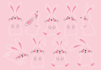 Bunny easter clipart drawing set. Rabbit pink outline flat clip art collection in cute standing, hopping and sitting pose for animal graphic elements. Vector illustration bunny easter sketch design. 
