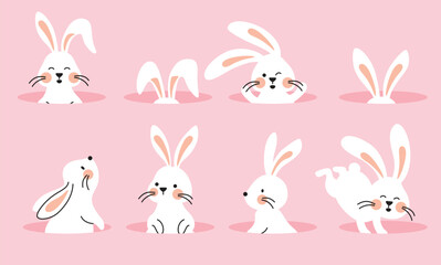 Bunny easter clipart drawing set. Easter rabbit cartoon character collection in waving, hopping and hiding pose inside the hole for egg hunt celebration design. Vector illustration cute rabbit 