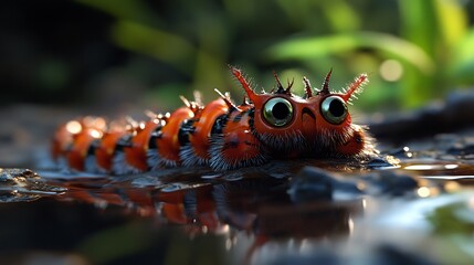 Adorable Cartoon Caterpillar by Water, 3D Render