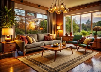 Fototapeta premium Cozy Mid-Century Modern Living Room: Candid Photo Shoot, Warm Lighting, Retro Furniture