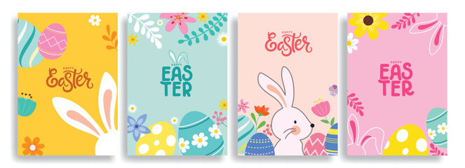 Happy easter clipart poster background set. Happy easter sunday wishes clip art collection with colorful abstract bunny, eggs and flowers decoration elements. Vector illustration greeting card design.