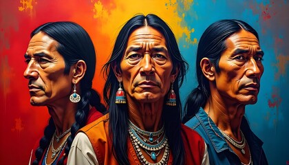 A vibrant, modern painting of three Native American men, each symbolizing a unique tribal identity