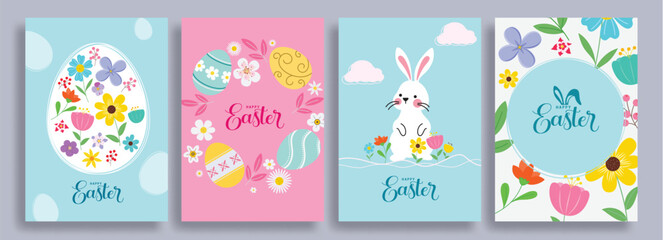 Easter wishes clip art poster background set. Happy easter sunday clipart collection with eggs, bunny and flowers in colorful abstract drawing design. Vector illustration greeting card set. 

