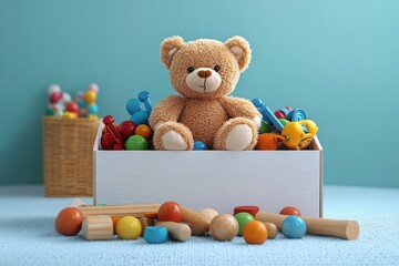 Colorful Toy Box with Teddy Bear and Wooden Toys for Children in Playroom