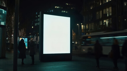 blank digital billboard stands in modern urban setting at night, surrounded by people and city lights, creating sense of anticipation